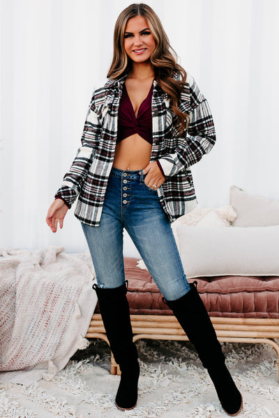 Desirable Outcomes Plaid Fleece Shacket (Ivory/Black/Wine) - NanaMacs