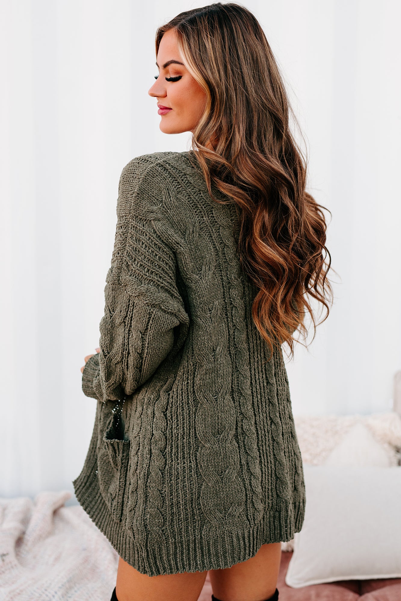 ARCHIVE Cuddle Club Chenille Cable Knit Cardigan (Olive) - NanaMacs