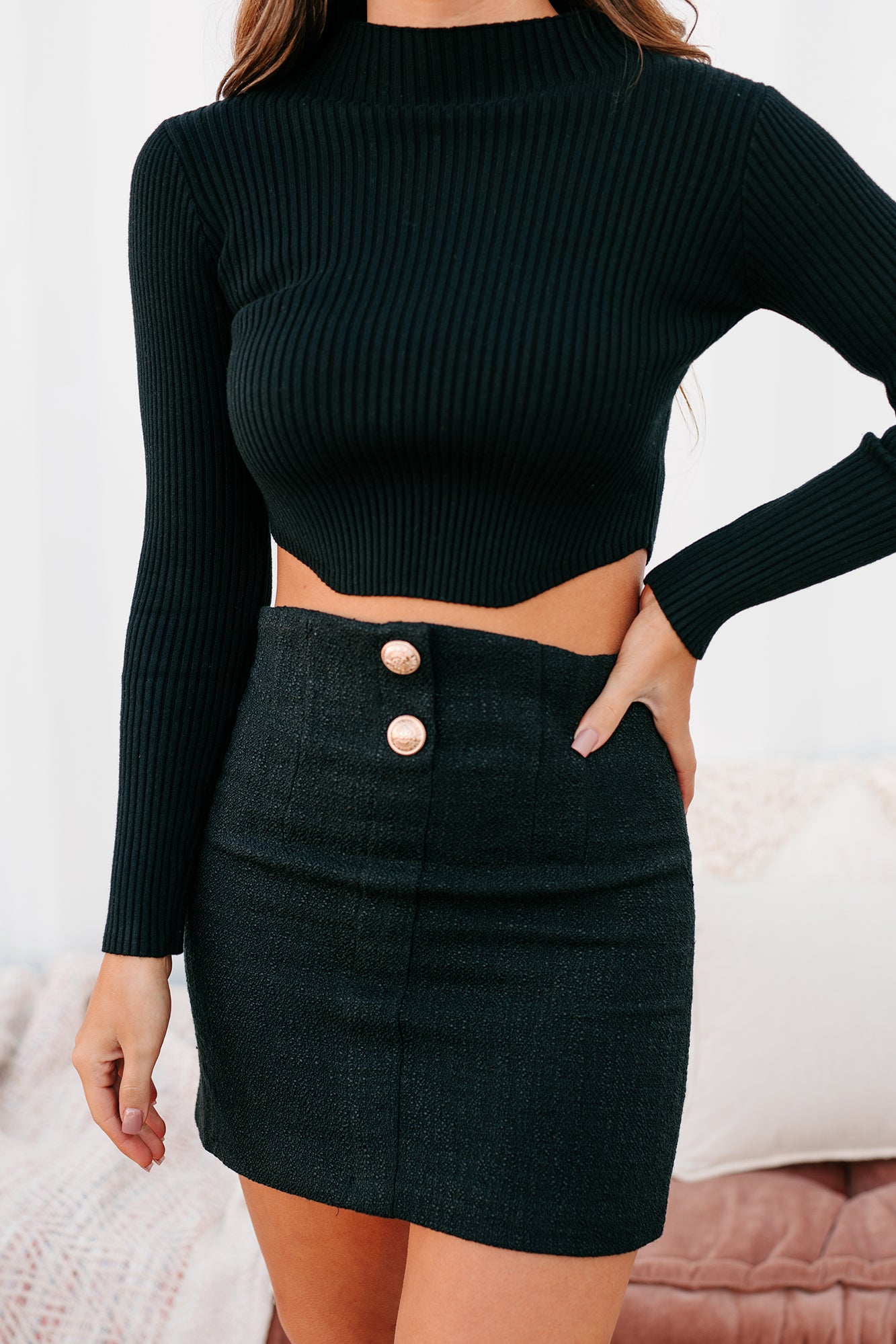 All About Us Mock Neck Cropped Sweater Top (Black) - NanaMacs