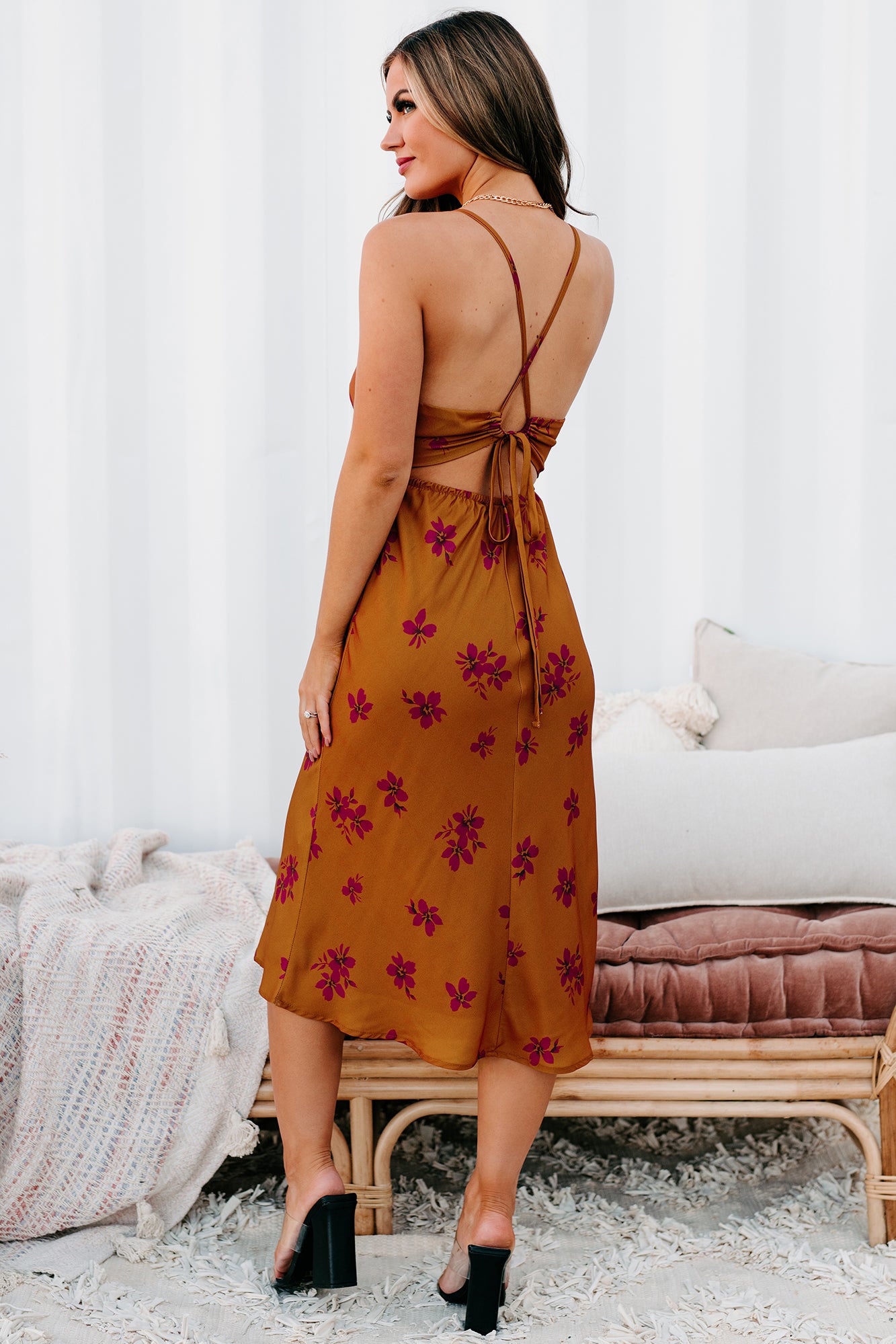 The Path To Love Floral Twist Front Cut-Out Midi Dress (Brown) - NanaMacs