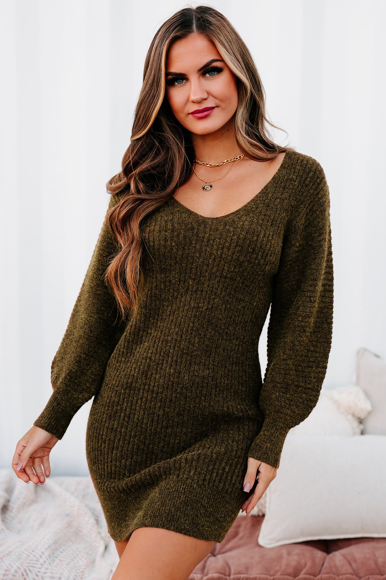 Touch Of Warmth V-Neck Sweater Dress (Brunette) - NanaMacs
