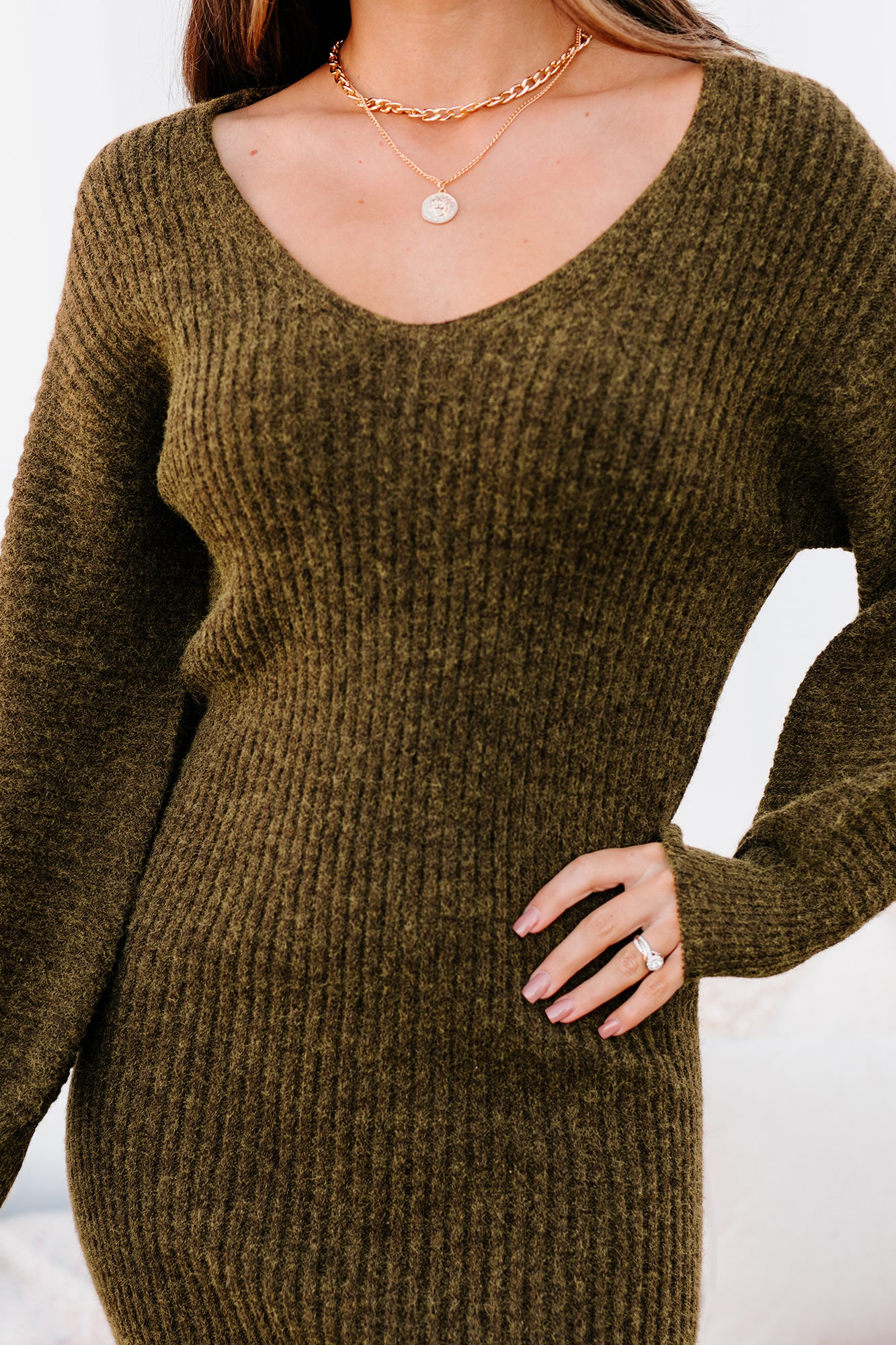 Touch Of Warmth V-Neck Sweater Dress (Brunette) - NanaMacs