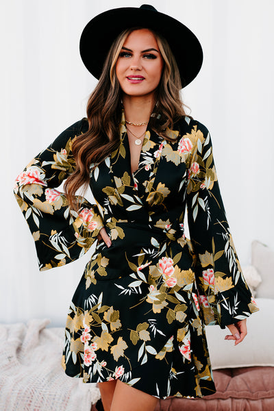 Garden Goals Floral Flared Sleeve Wrap Dress (Black Floral) - NanaMacs