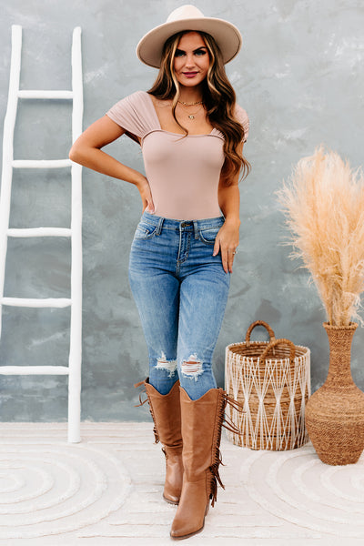 Heard It All Before Ribbed Ruched Strap Bodysuit (Mocha) - NanaMacs