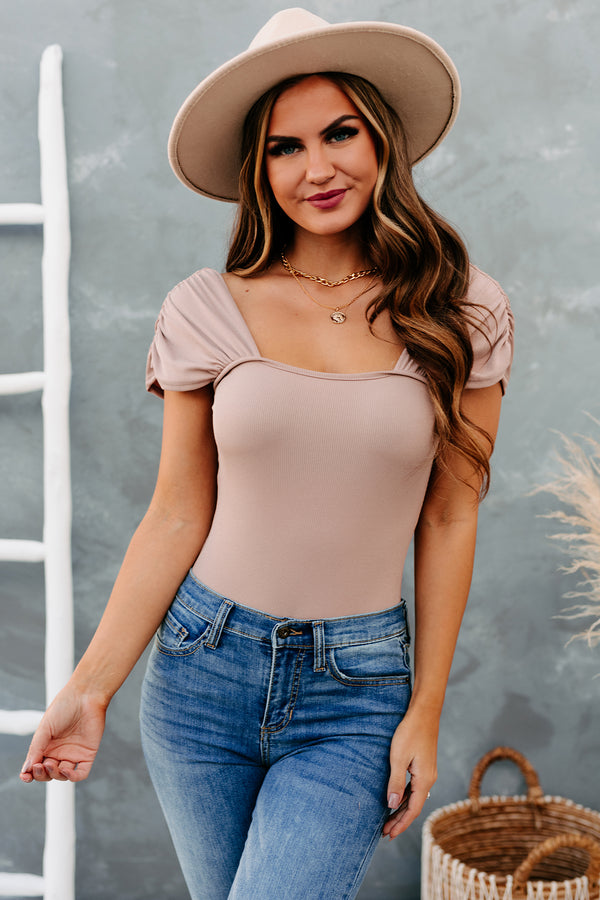 Heard It All Before Ribbed Ruched Strap Bodysuit (Mocha) - NanaMacs