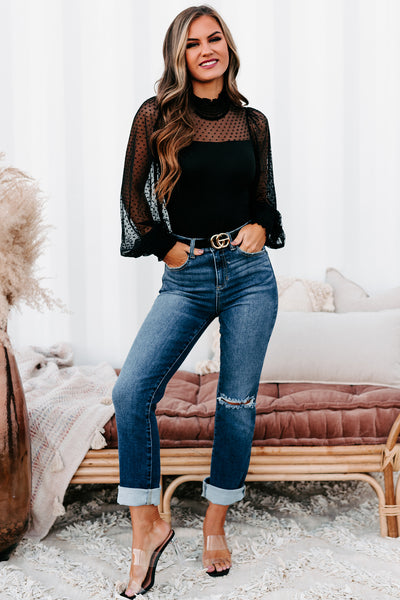 Keep The Change Ribbed Dot Mesh Bodysuit (Black) - NanaMacs