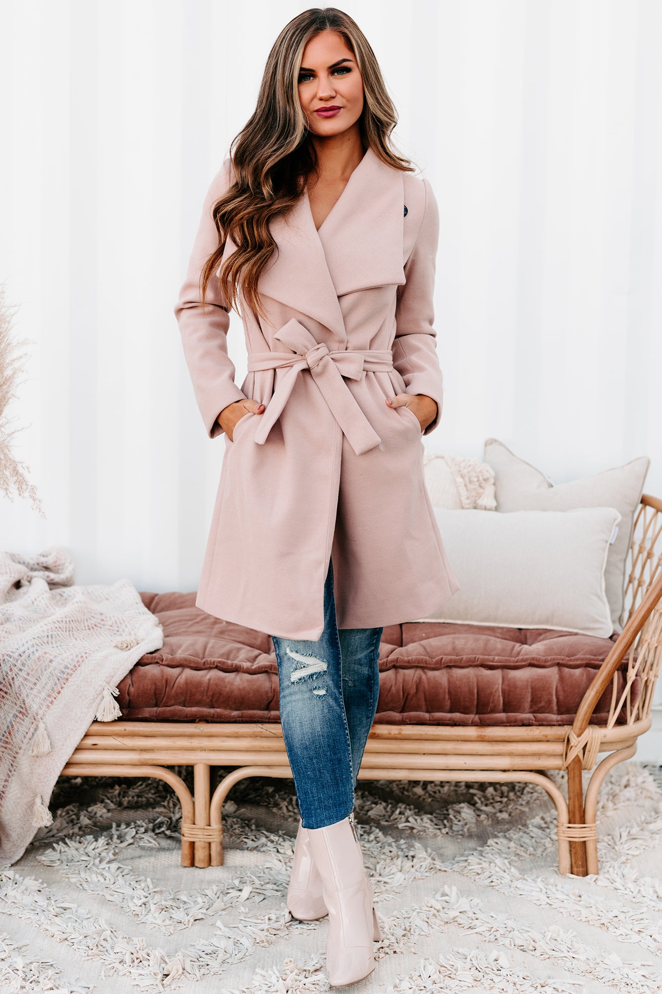 Windy City Wide Collared Tie-Waist Coat (Mauve) - NanaMacs