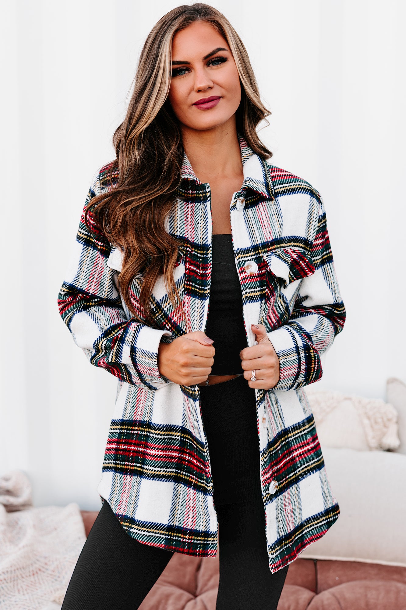 Exceptionally You Woven Plaid Jacket (Ivory/Red) - NanaMacs