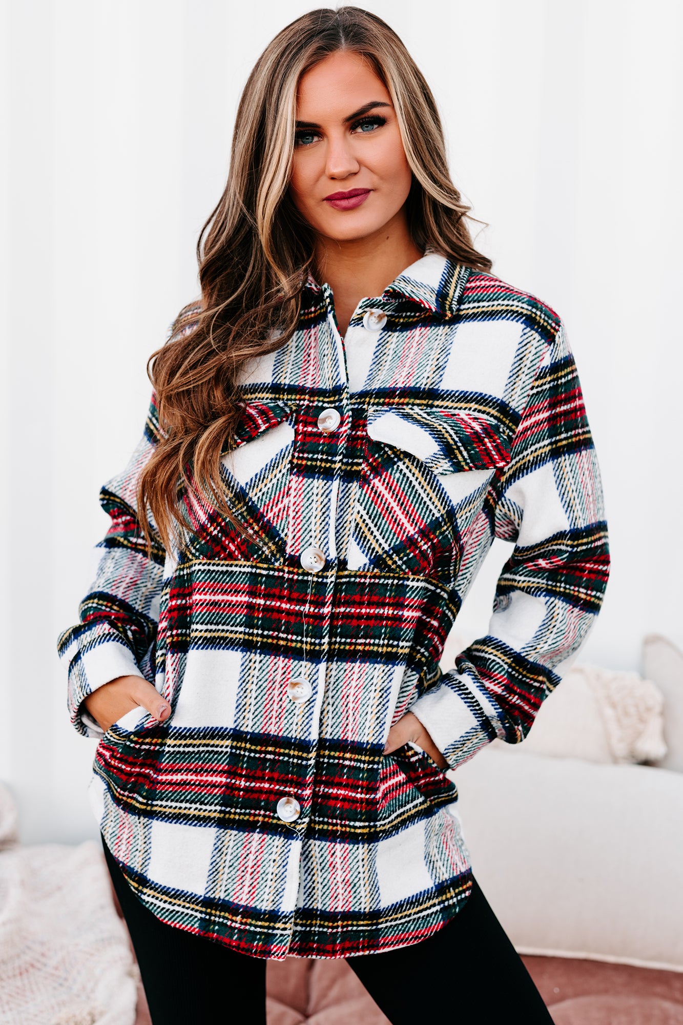 Exceptionally You Woven Plaid Jacket (Ivory/Red) - NanaMacs