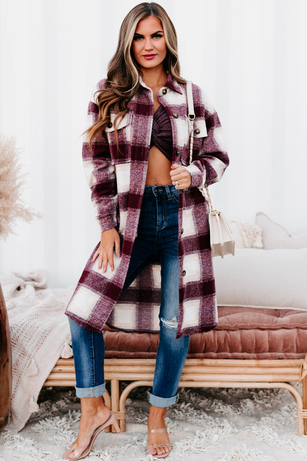 Hill Country Hideaway Long Plaid Shacket (Burgundy) - NanaMacs
