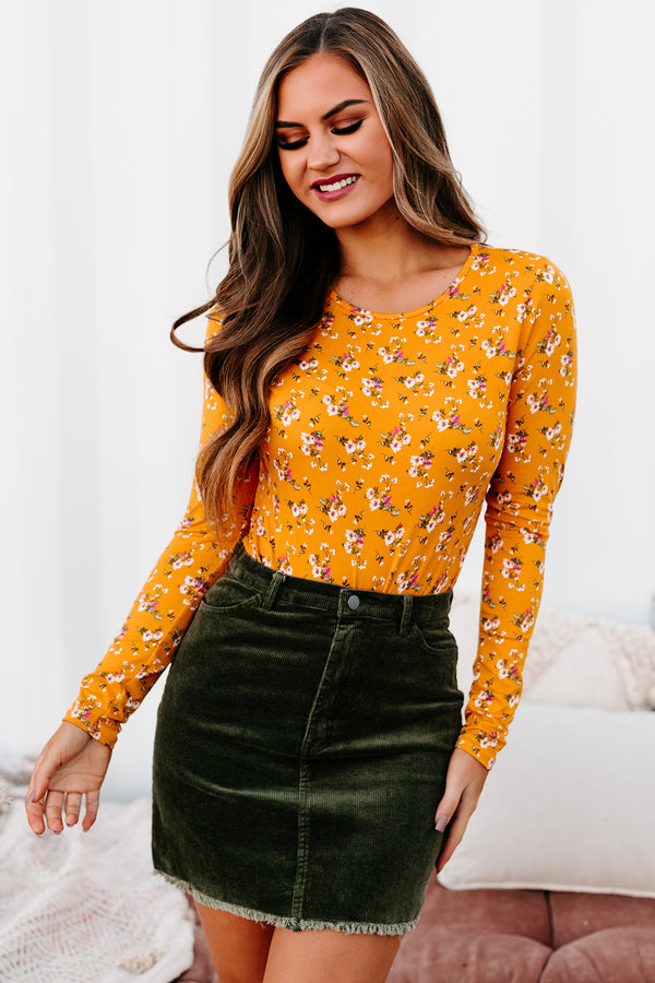 Wishful Hearts Floral Long Sleeve Bodysuit (Mustard) - NanaMacs