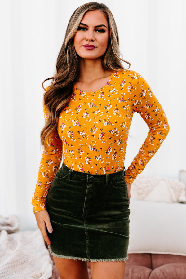 Wishful Hearts Floral Long Sleeve Bodysuit (Mustard) - NanaMacs