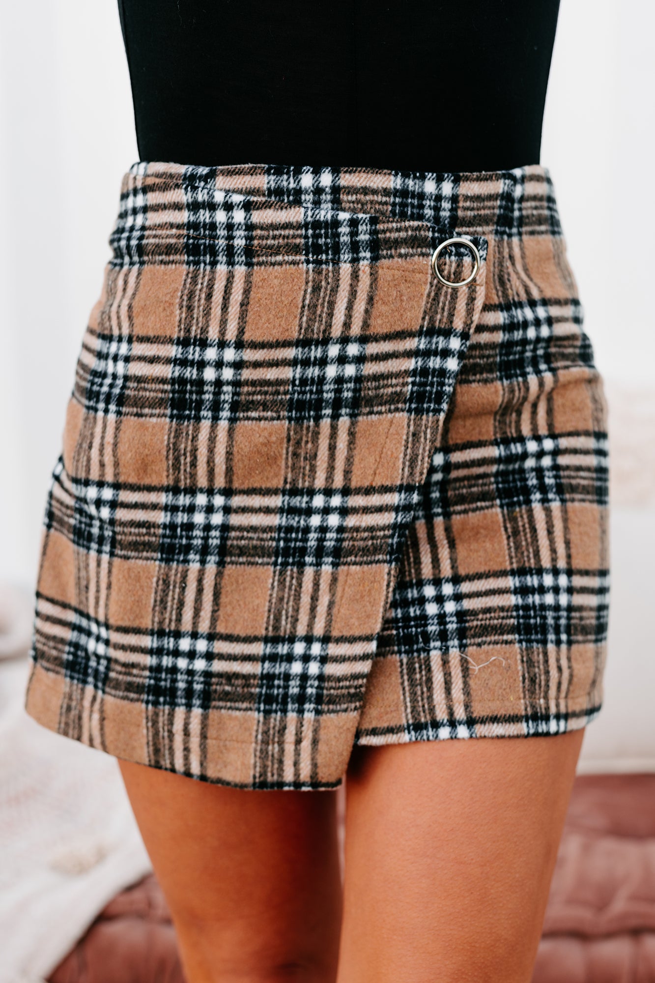 Focused On The Future Plaid Wrap Front Mini Skirt (Taupe) - NanaMacs