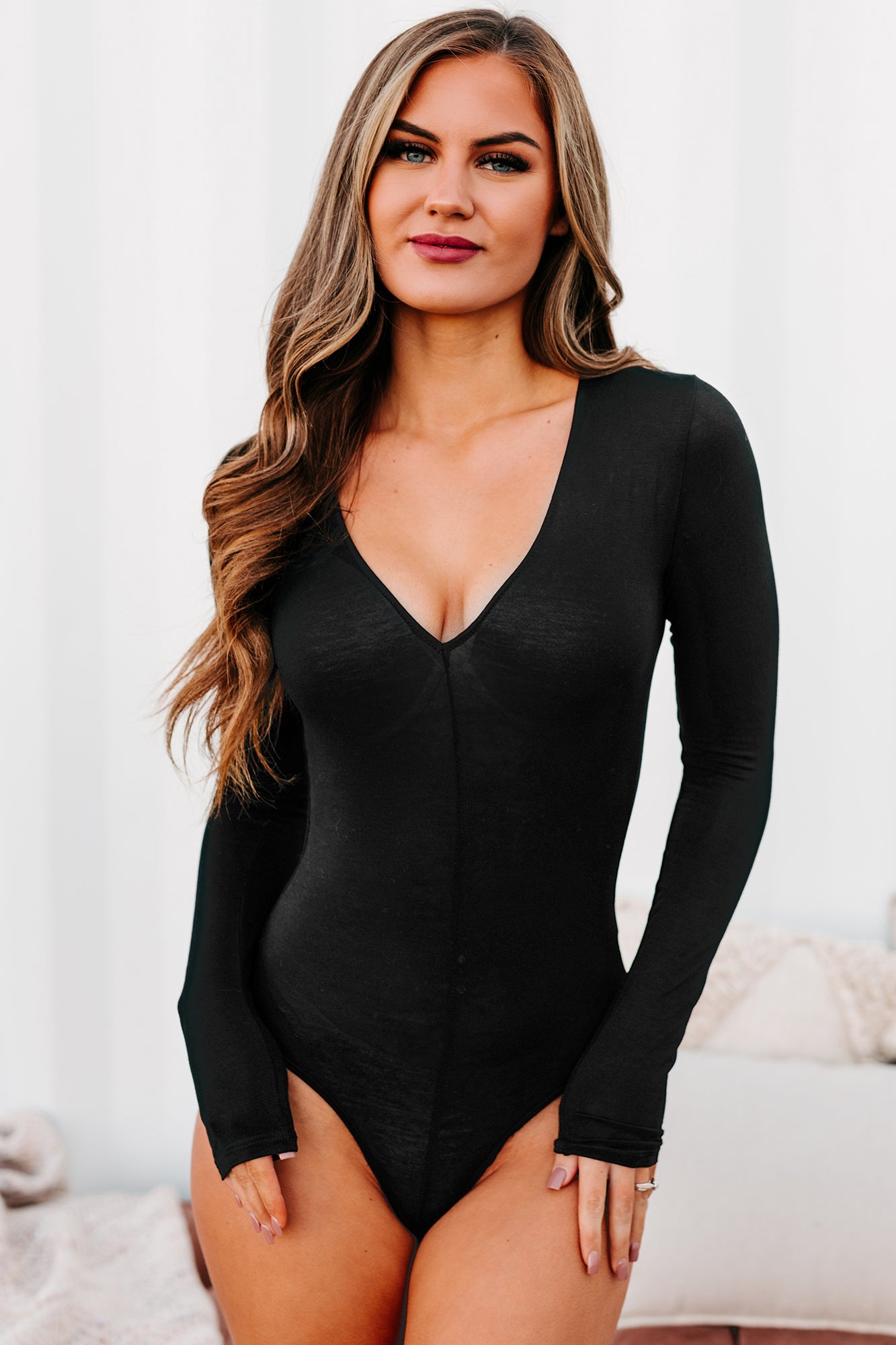 Hidden Attraction Long Sleeve V-Neck Bodysuit (Black) - NanaMacs