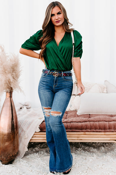 Can't Quit You Satin Ruched Sleeve Bodysuit (Hunter Green) - NanaMacs