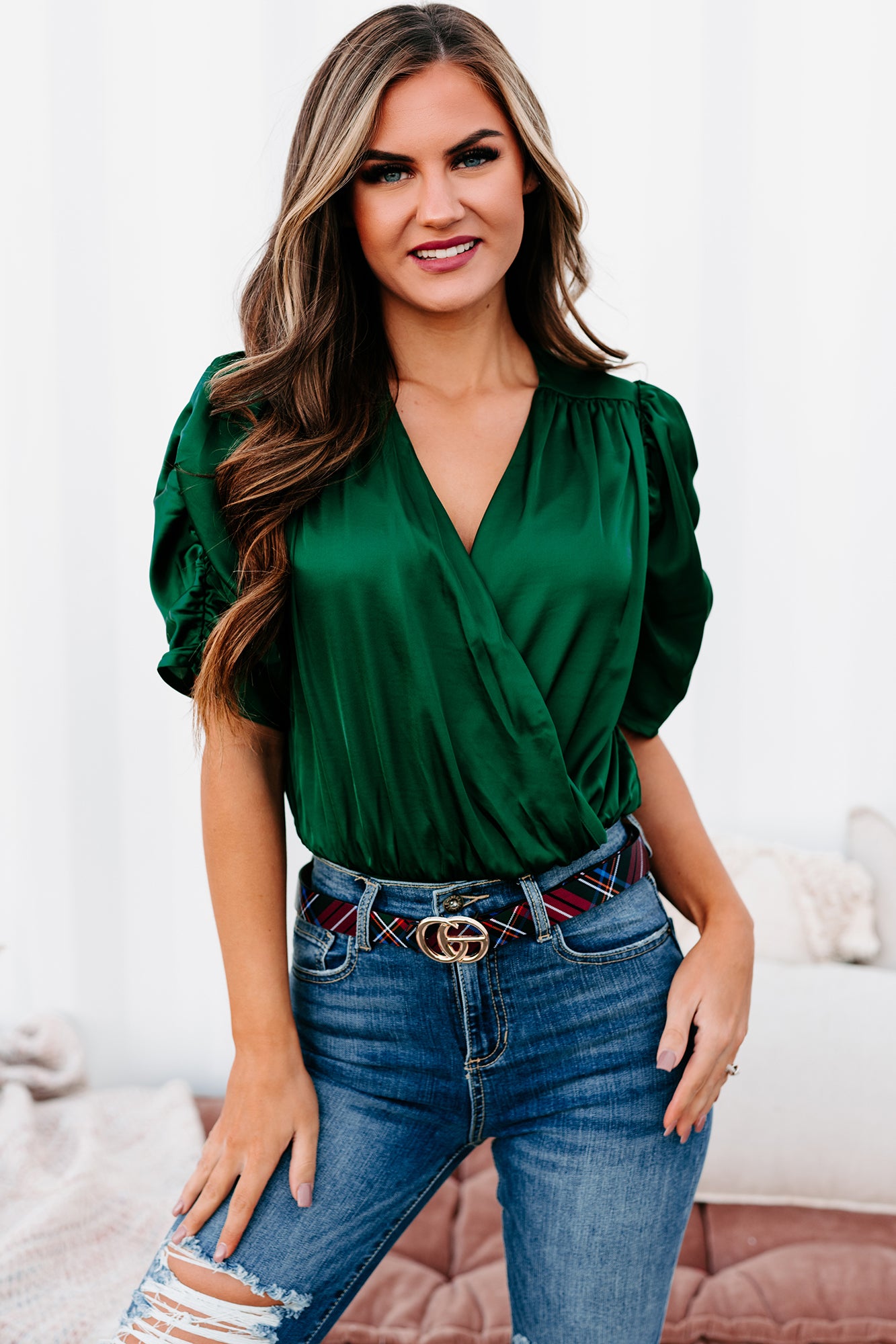 Can't Quit You Satin Ruched Sleeve Bodysuit (Hunter Green) - NanaMacs