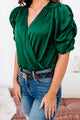 Can't Quit You Satin Ruched Sleeve Bodysuit (Hunter Green) - NanaMacs