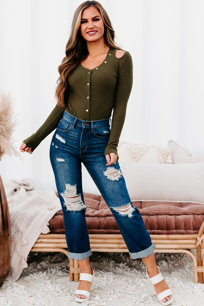 Cutting It Close Long Sleeve Cut-Out Bodysuit (Olive) - NanaMacs