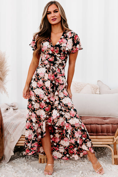Alluring Elegance High-Low Floral Midi Dress (Black/Multi) - NanaMacs