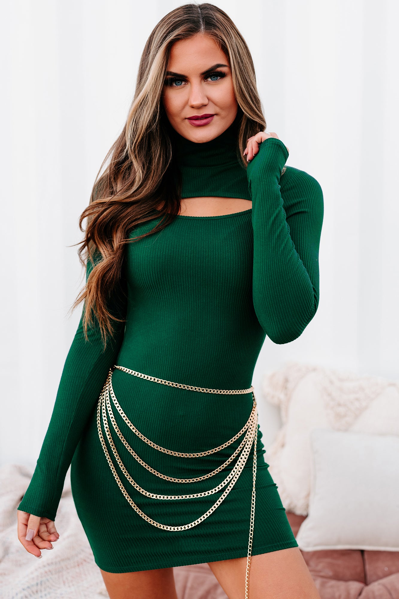 Mostly Yours Long Sleeve Cut-Out Bodycon (Hunter Green) - NanaMacs