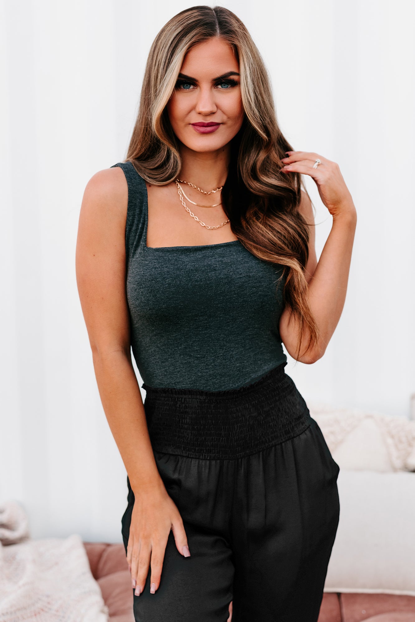 Ready To Rally Double-Layered Square Neck Tank Top (Charcoal) - NanaMacs