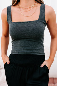 Ready To Rally Double-Layered Square Neck Tank Top (Charcoal) - NanaMacs