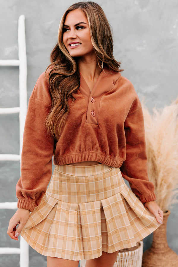 Down To Chill Cropped Fleece Hoodie (Rust) - NanaMacs