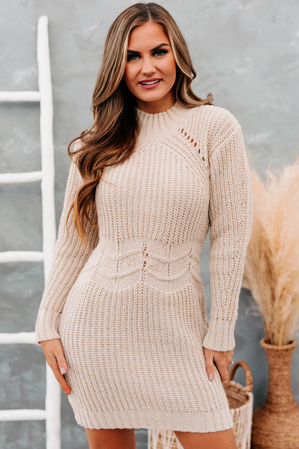 Late Afternoon Chevron Waist Sweater Dress (Ecru) - NanaMacs