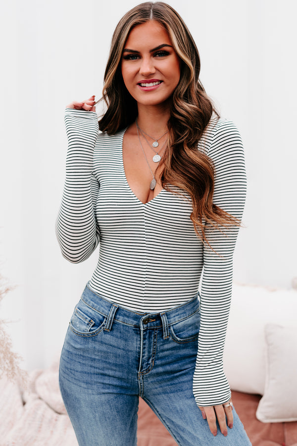 Hidden Attraction Long Sleeve V-Neck Bodysuit (White/Black) - NanaMacs