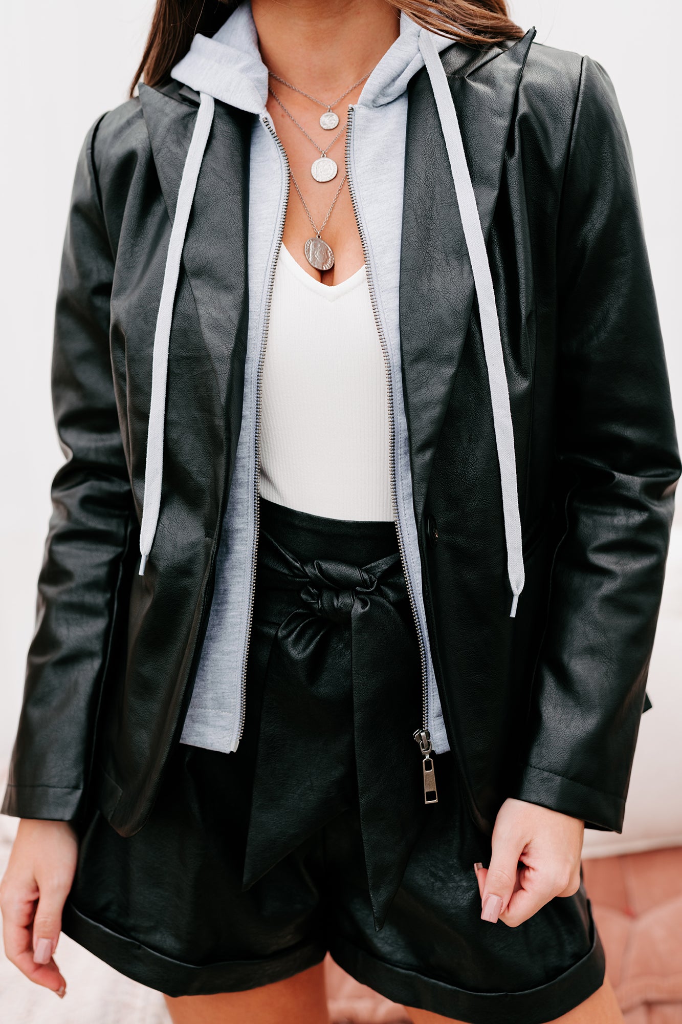 Streetwise & Stylized Hooded Faux Leather Jacket (Black) - NanaMacs