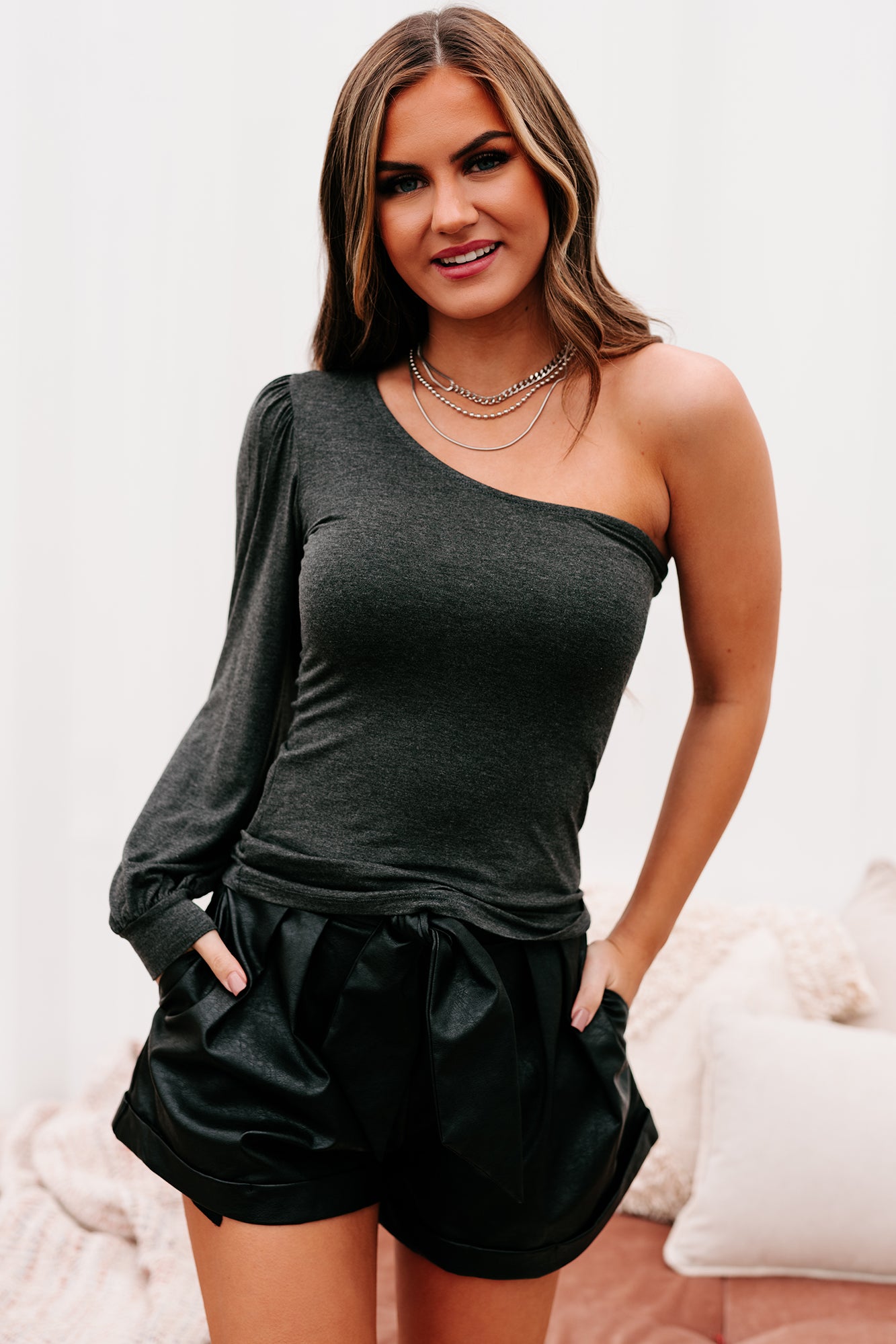 Get The Gossip One Shoulder Jersey Knit Top (Charcoal) - NanaMacs