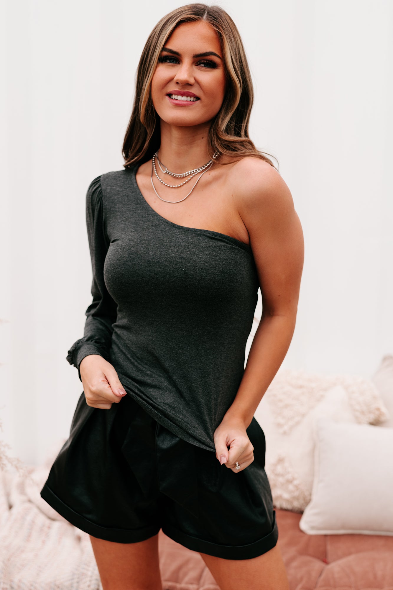 Get The Gossip One Shoulder Jersey Knit Top (Charcoal) - NanaMacs