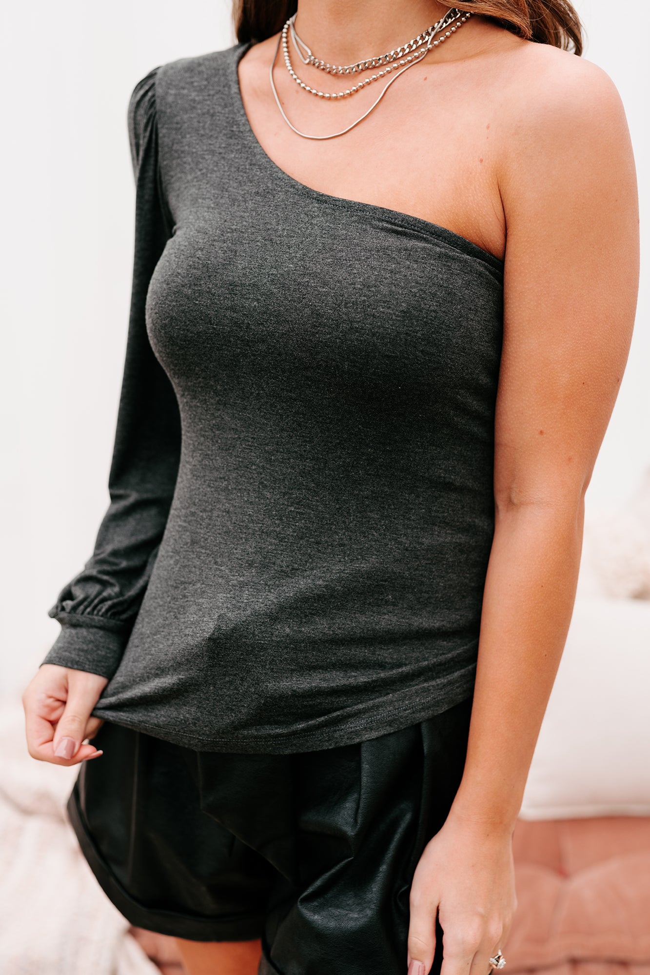 Get The Gossip One Shoulder Jersey Knit Top (Charcoal) - NanaMacs