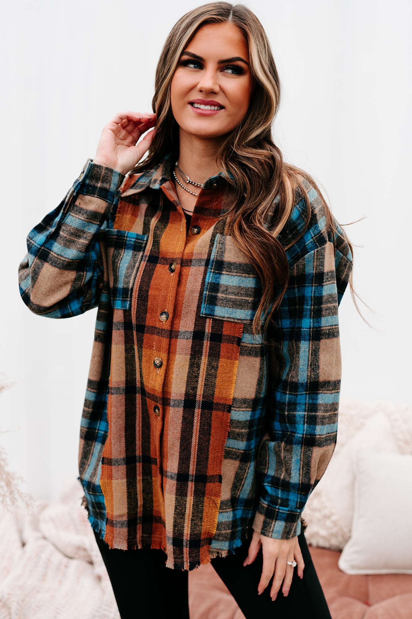 Archive Campfire Evenings Oversized Plaid Shacket (Blue Brown) - NanaMacs