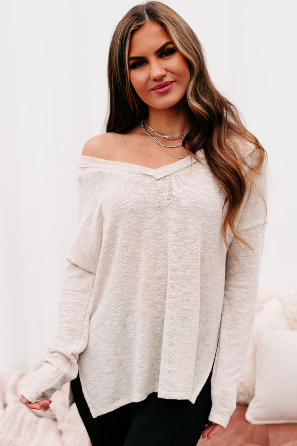 Everyday Excellence Slub Knit V-Neck Top (Oatmeal) - NanaMacs