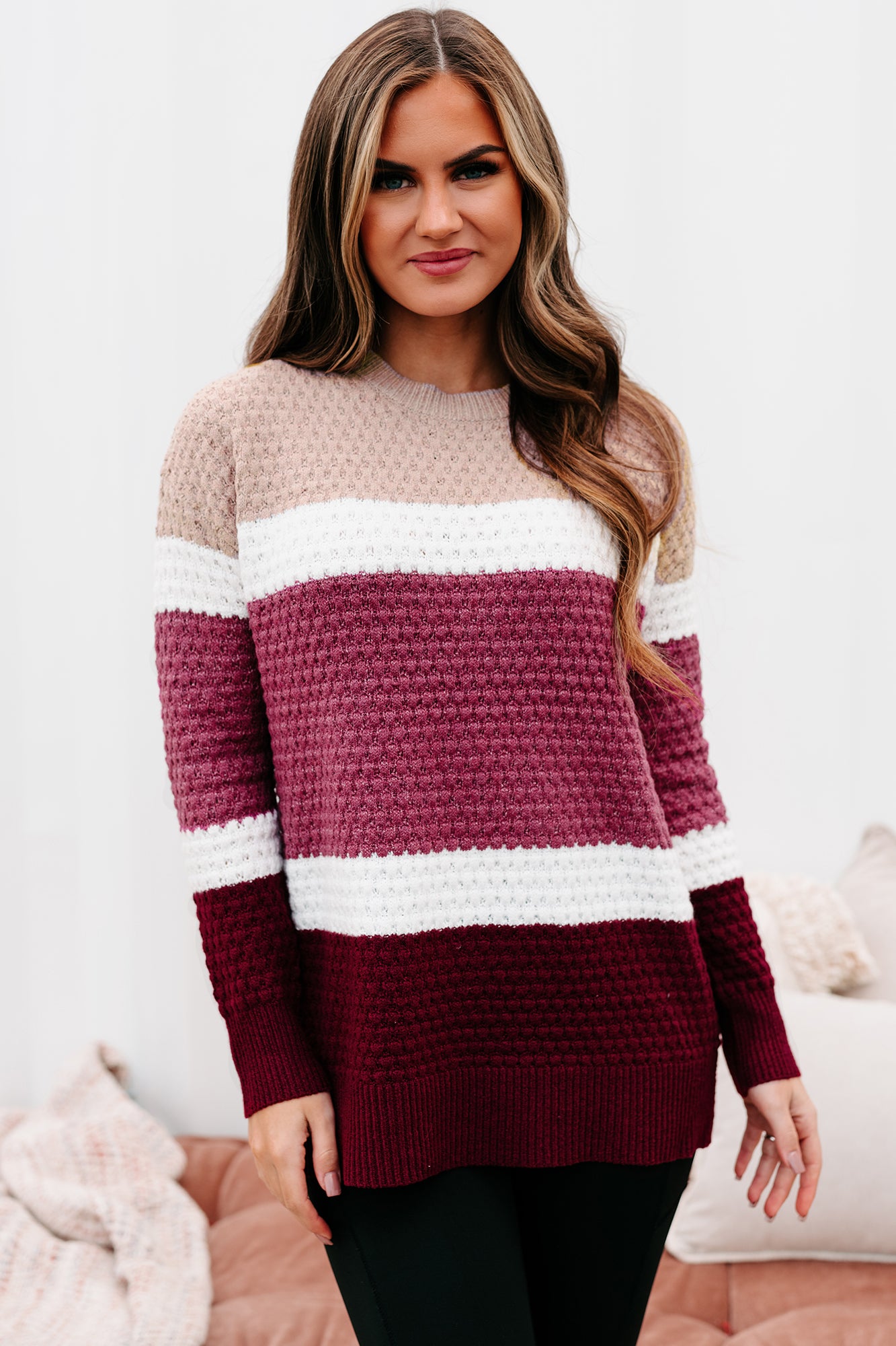 Sweet & Sincere Textured Color Block Sweater (Magenta) - NanaMacs
