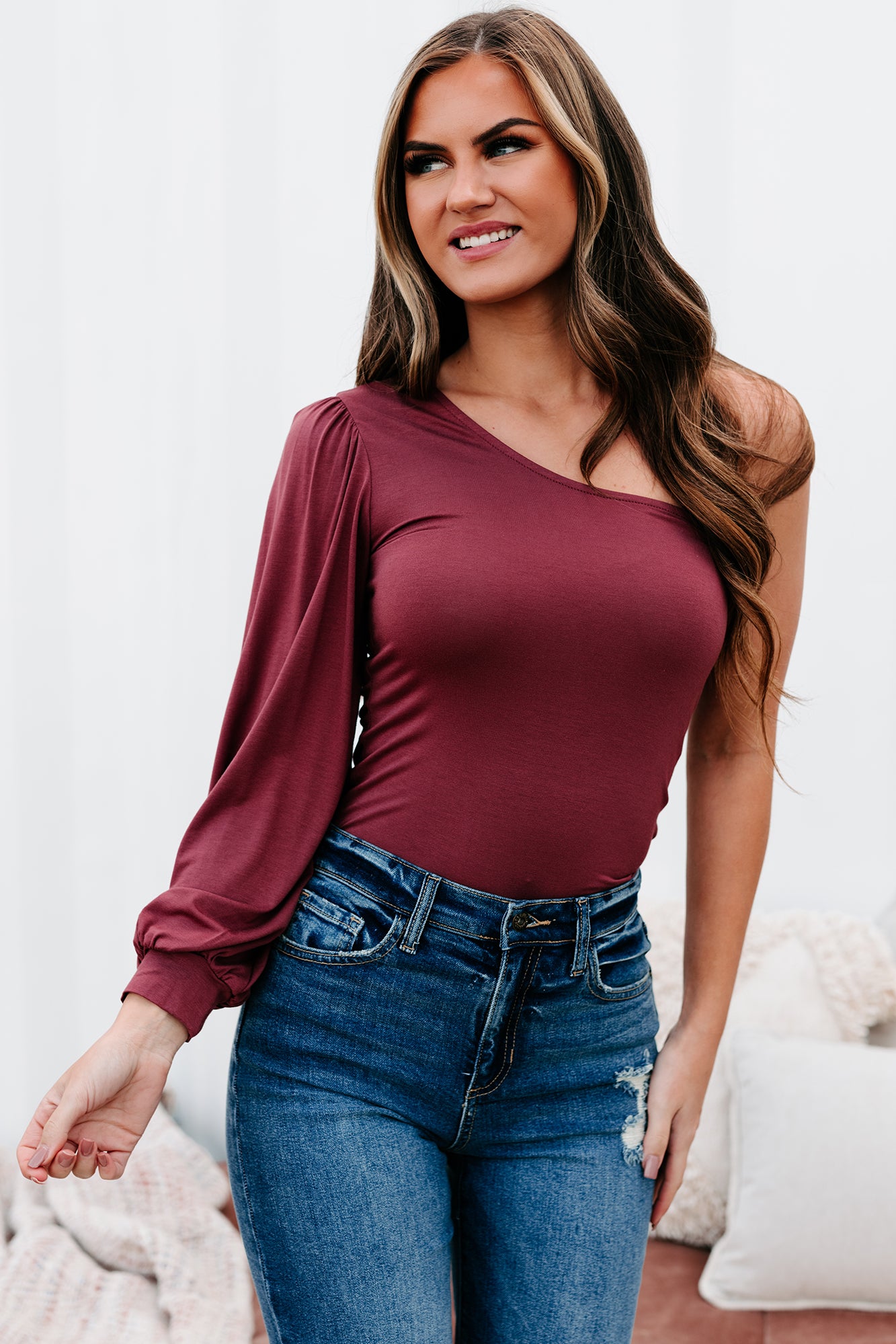 Get The Gossip One Shoulder Jersey Knit Top (Red Brown) - NanaMacs