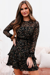 Better Times Ahead Ruffled Long Sleeve Floral Dress (Black/Multi) - NanaMacs