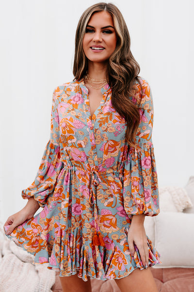 "Dancing Queen" Ruffled Floral Long Sleeve Dress (Vintage Sage/Multi) - NanaMacs