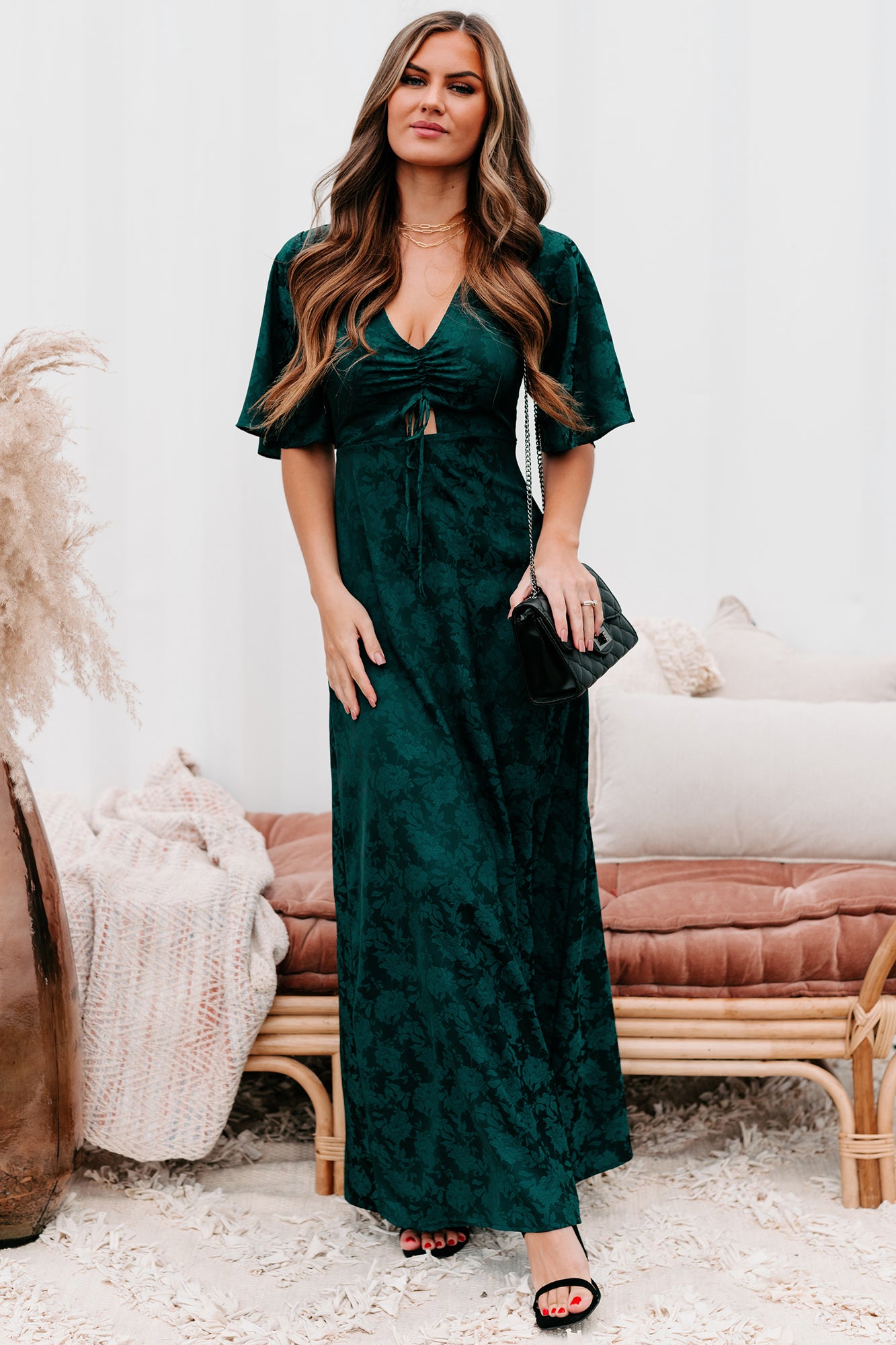 Always Celebrating Ruched Front Floral Maxi Dress Dark Green