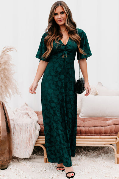 Always Celebrating Ruched Front Floral Maxi Dress (Dark Green) - NanaMacs