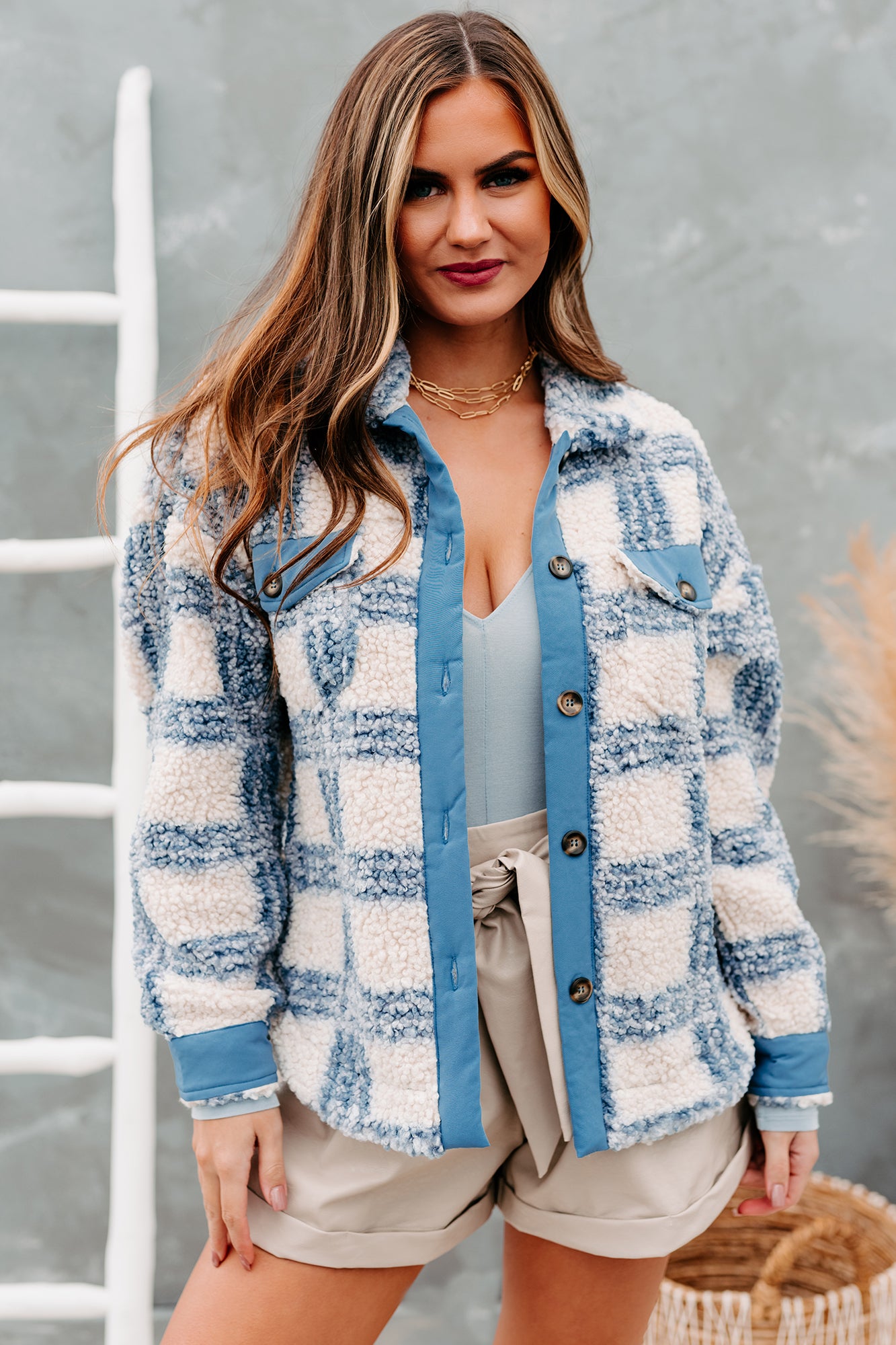 Keep Me Honest Plaid Sherpa Jacket (Blue) - NanaMacs