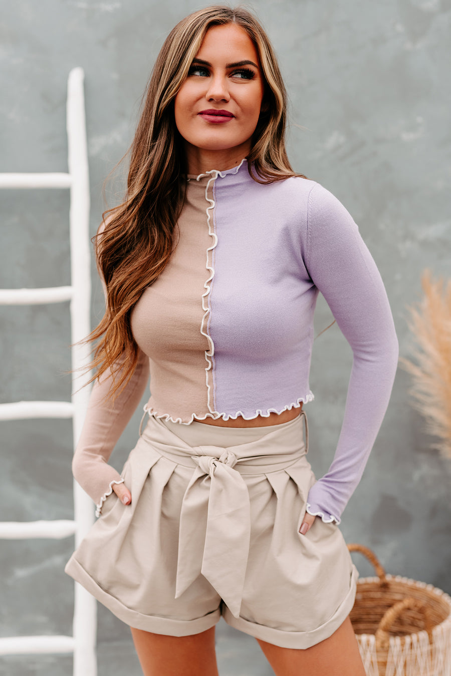 Don't Be Jelly Long Sleeve Color Block Crop Top (Tan/Grape) - NanaMacs