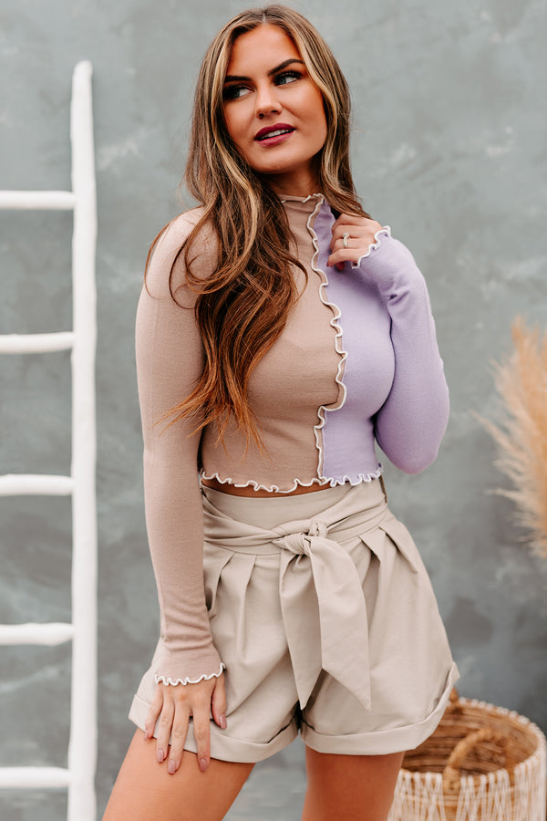 Don't Be Jelly Long Sleeve Color Block Crop Top (Tan/Grape) - NanaMacs