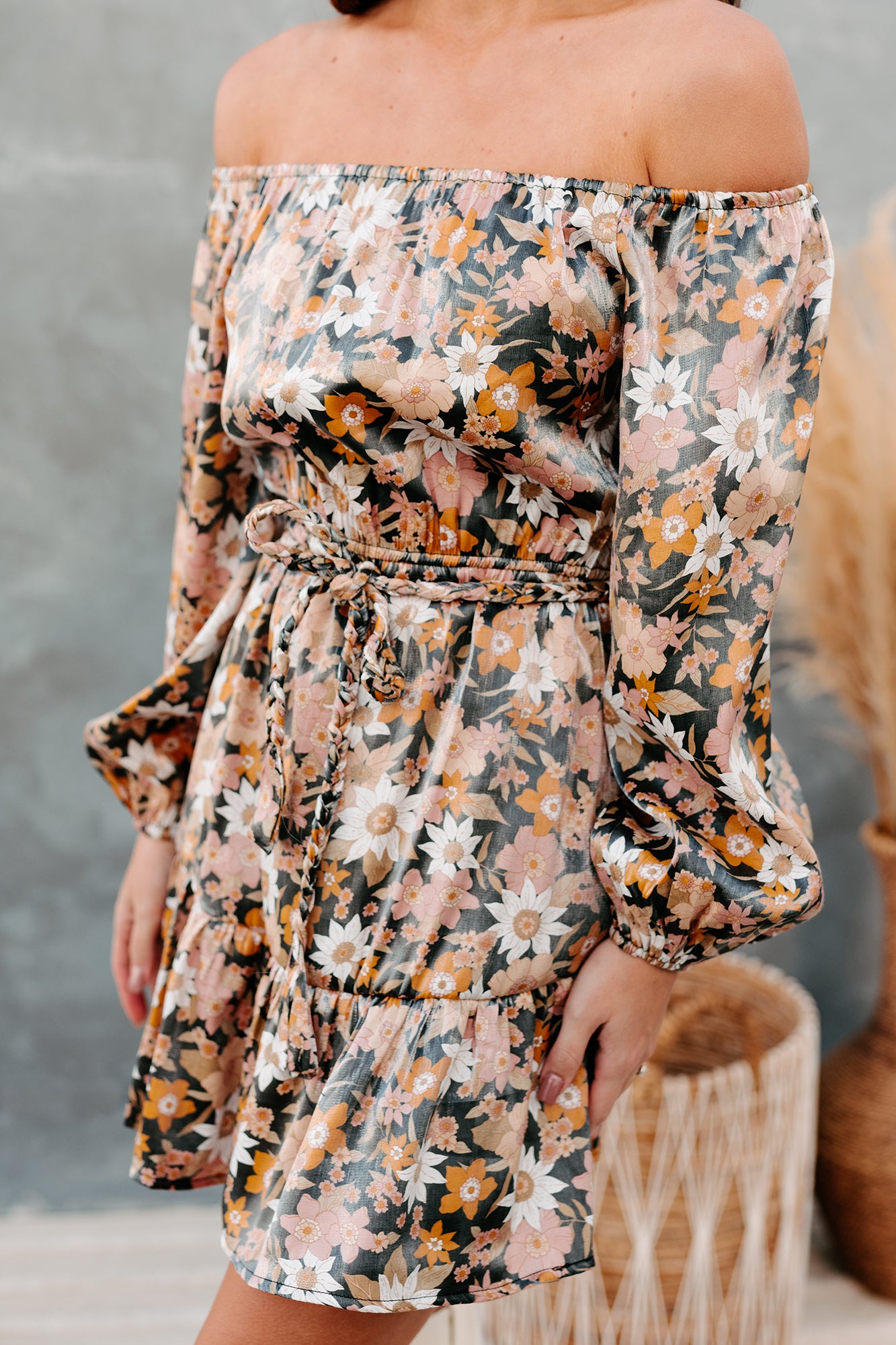 New Possibilities Off The Shoulder Floral Mini Dress (Black/Multi) - NanaMacs