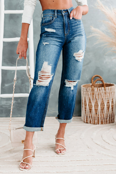 90's Nostalgia High Rise Distressed Straight Leg Sneak Peek Jeans (Medium Dark) - NanaMacs