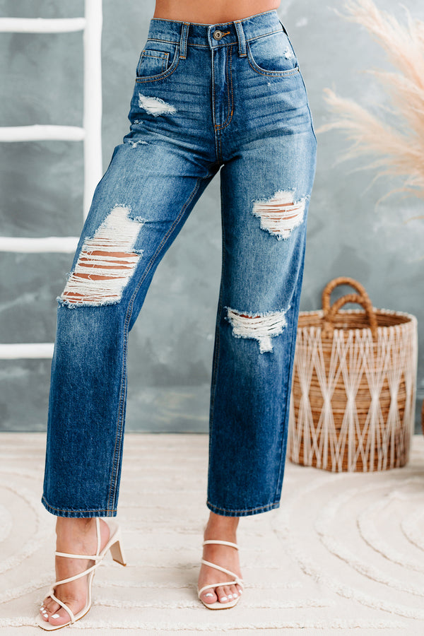 90's Nostalgia High Rise Distressed Straight Leg Sneak Peek Jeans (Medium Dark) - NanaMacs