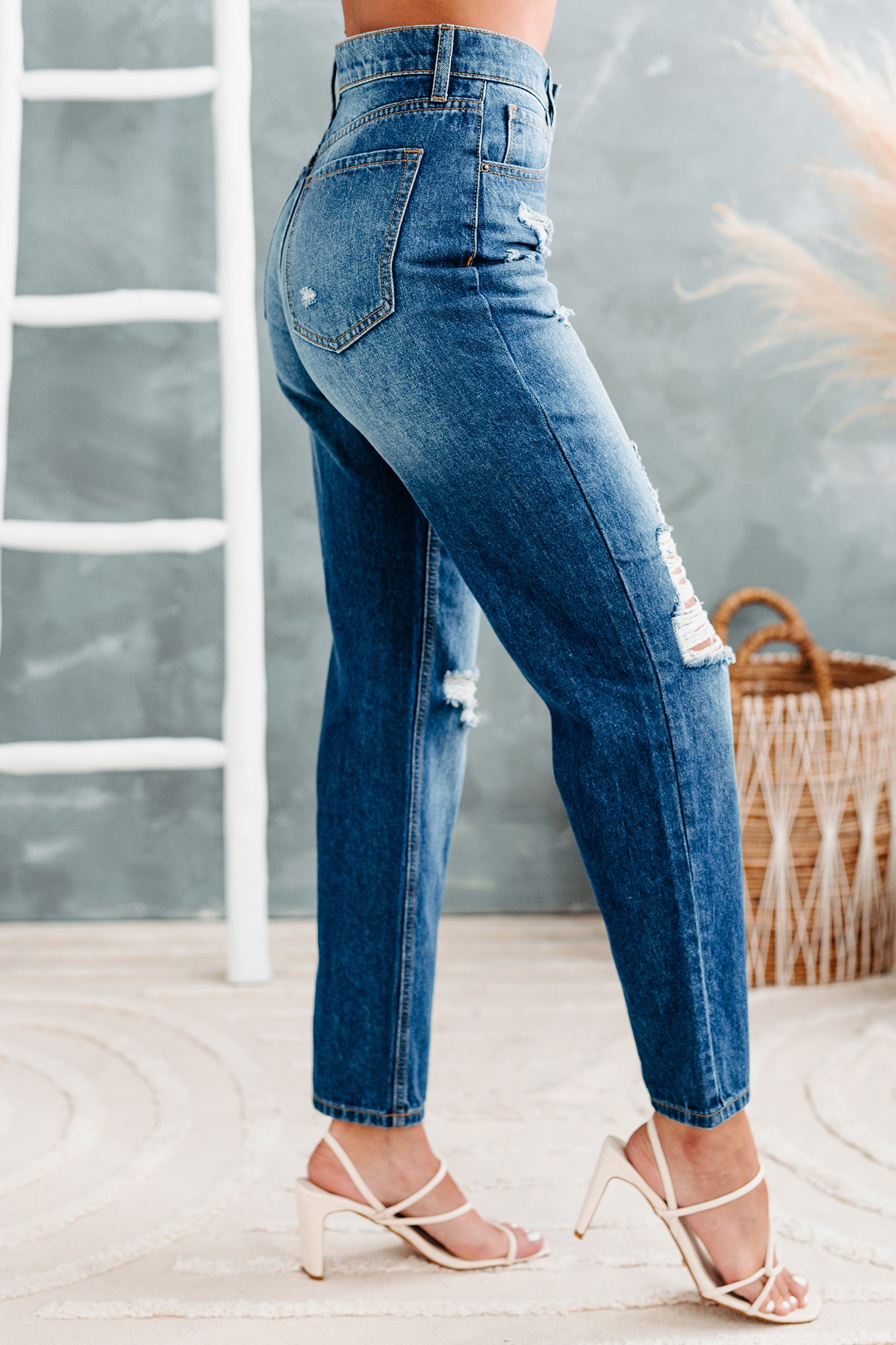 90's Nostalgia High Rise Distressed Straight Leg Sneak Peek Jeans (Medium Dark) - NanaMacs