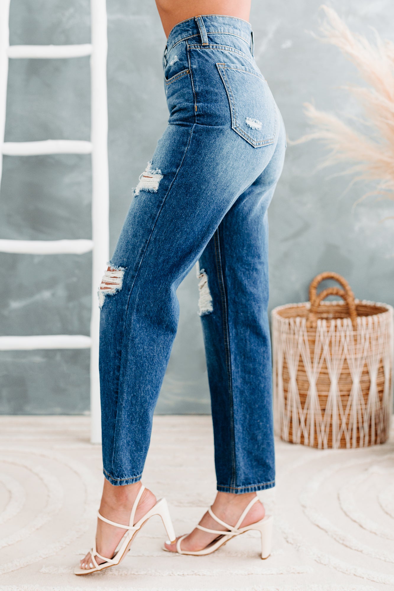 90's Nostalgia High Rise Distressed Straight Leg Sneak Peek Jeans (Medium Dark) - NanaMacs