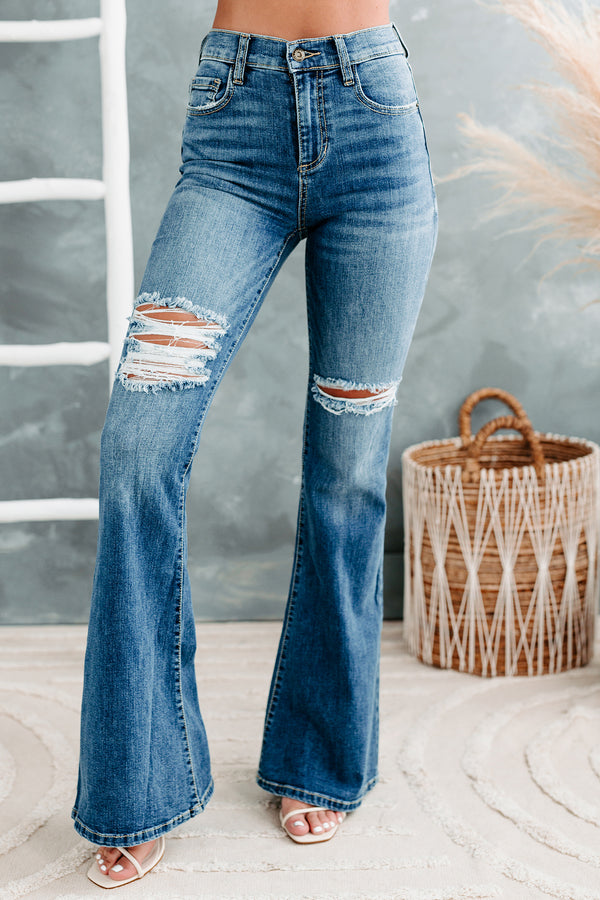 Caught Off Guard Sneak Peek High Rise Distressed Flare Jeans (Medium) - NanaMacs